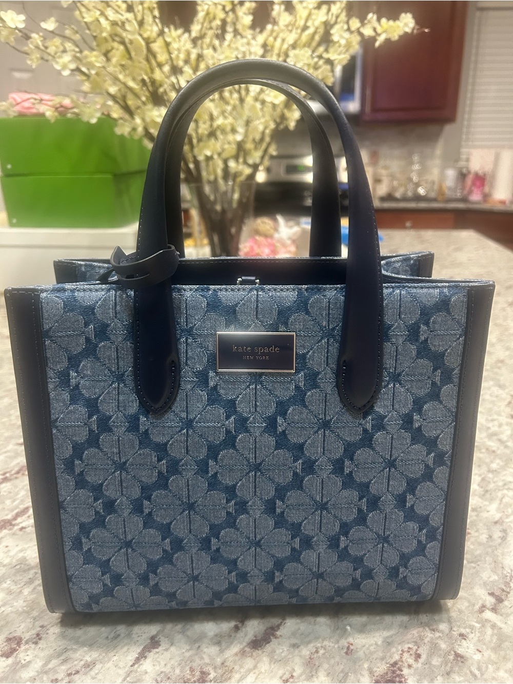 kate spade Blue Floral Jacquard Small Tote with Top Handles & Shoulder Strap